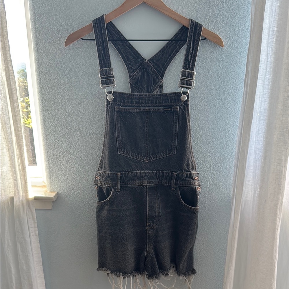 Black Denim Overalls with Frayed Hem S Wrangler